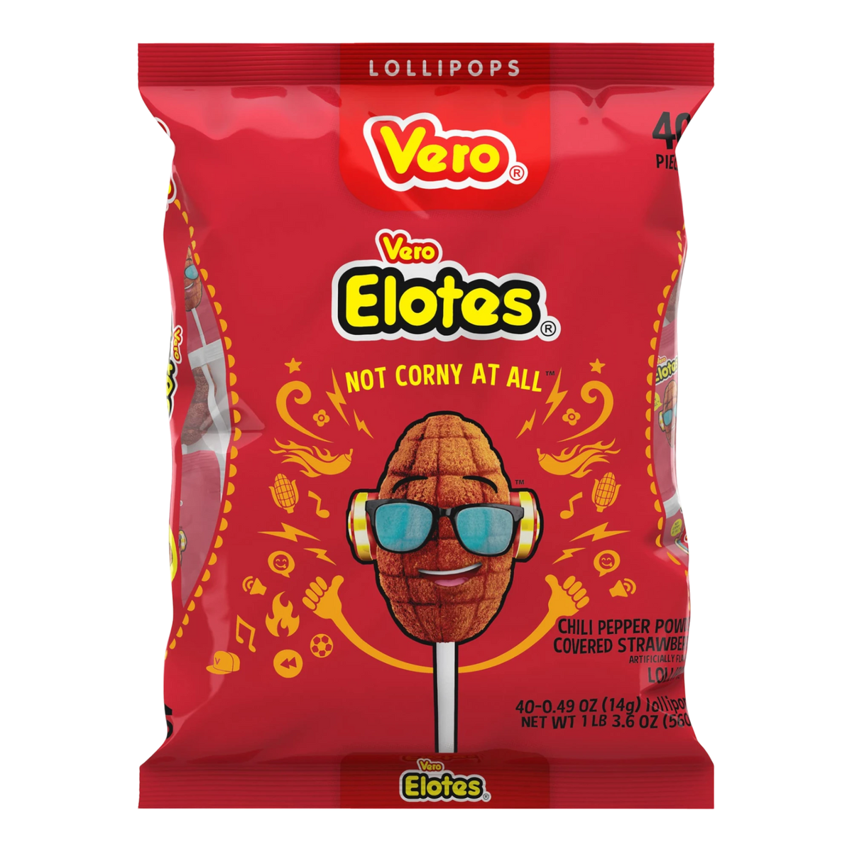 Dulceria 915 Vero Elotes chili pepper powder covered strawberry lollipops, 40 pieces.