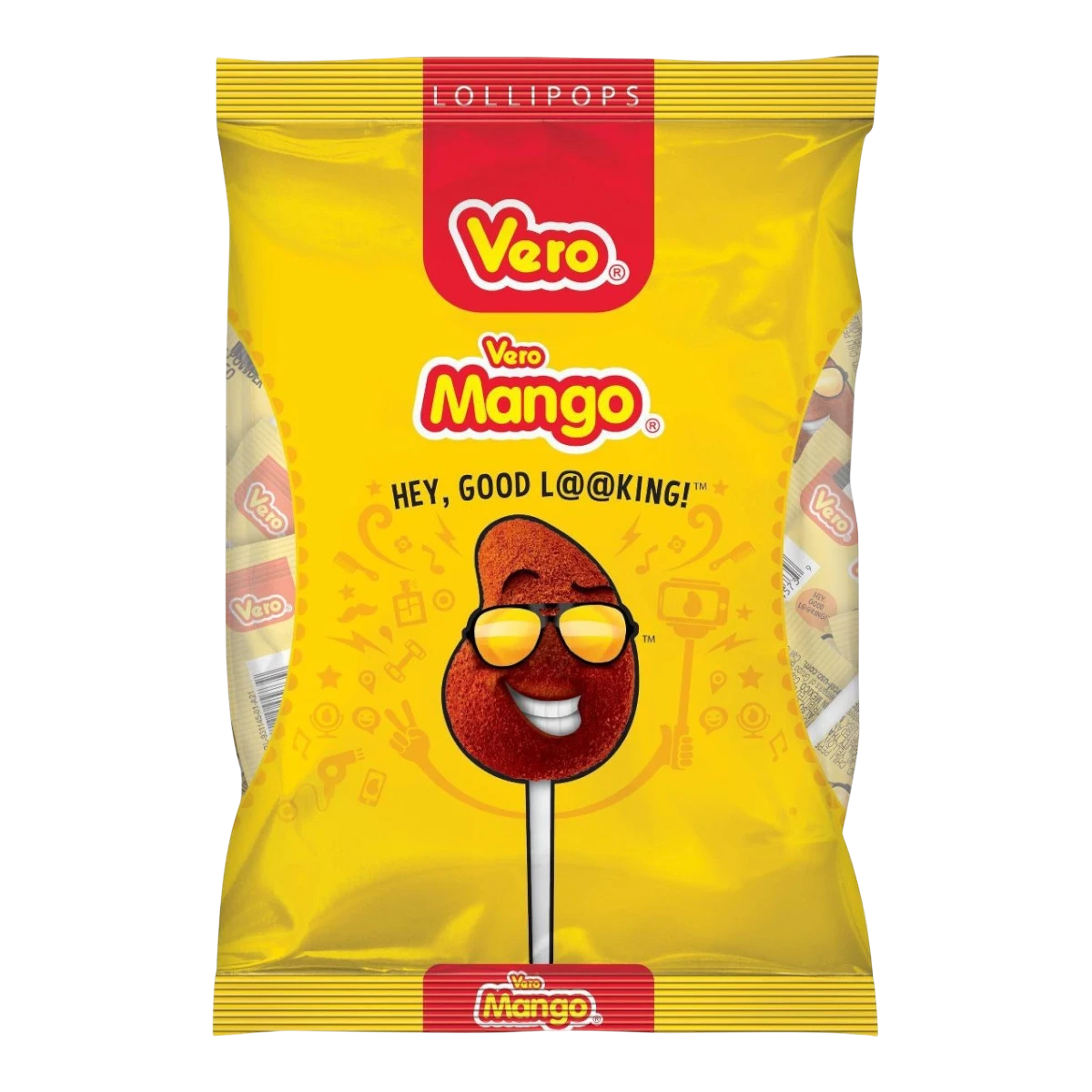 Dulceria 915 Vero Mango Lollipops, 40 pieces, featuring a cartoon mango character with sunglasses.