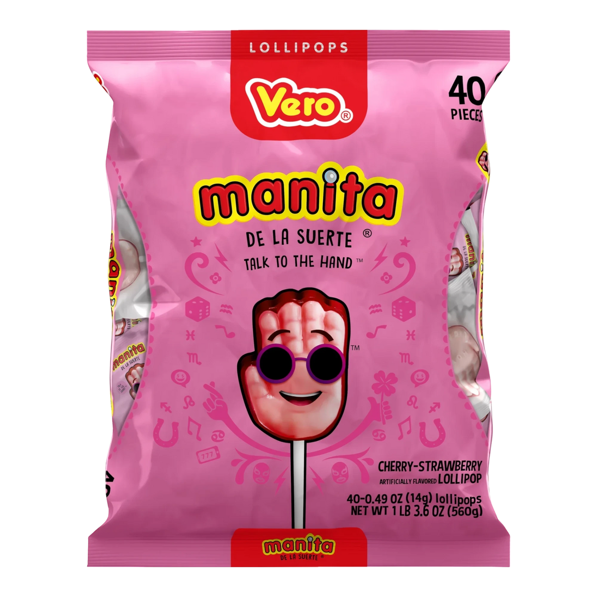 Dulceria 915 Vero Manita cherry-strawberry lollipops shaped like hands with sunglasses, 40 pieces