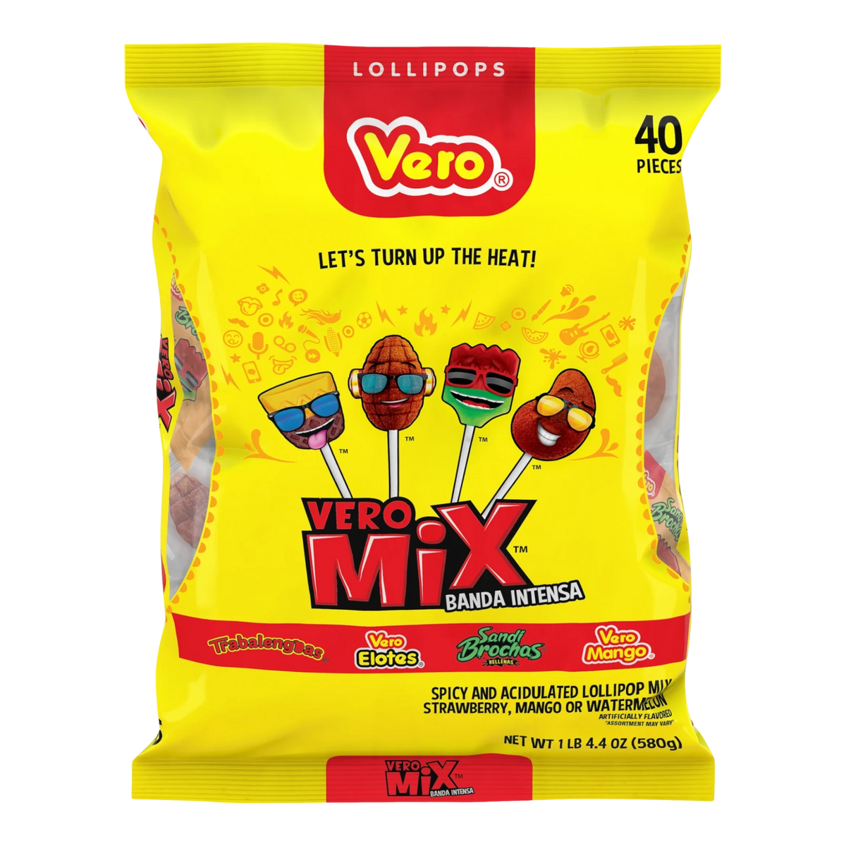 Dulceria 915 Vero Mix Banda Intensa spicy lollipops with strawberry, mango, and watermelon flavors. 40 pieces.