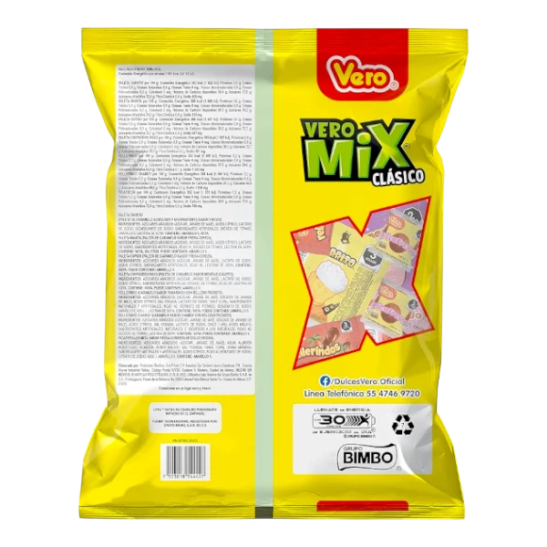 Dulceria 915 Vero Mix Clasico candy assortment bag, featuring various colorful candies like lollipops and gummies.