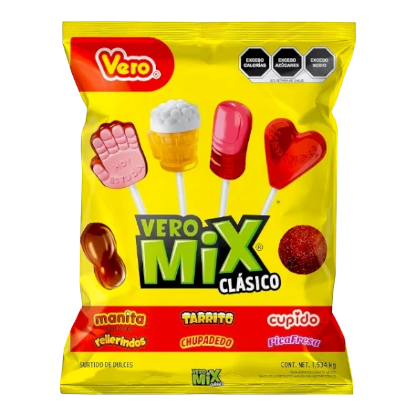 Dulceria 915 Vero Mix Clasico assorted lollipops and candies, including a hand shape, beer mug, heart, and chili-covered ball.