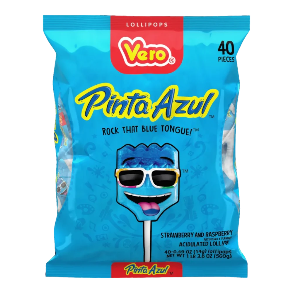 Dulceria 915 Vero Pinta Azul lollipops, 40 pieces, strawberry and raspberry flavored, blue color.
