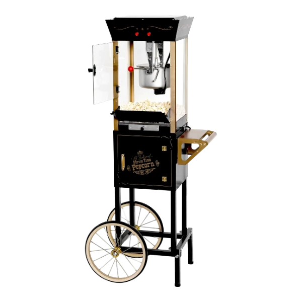 Dulceria 915 vintage popcorn machine stand with 8oz kettle, pops up to 32 cups. Black and gold.