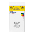 Dulceria 915 white plastic tablecloth in packaging, 54 by 108 inches, perfect for party table protection.