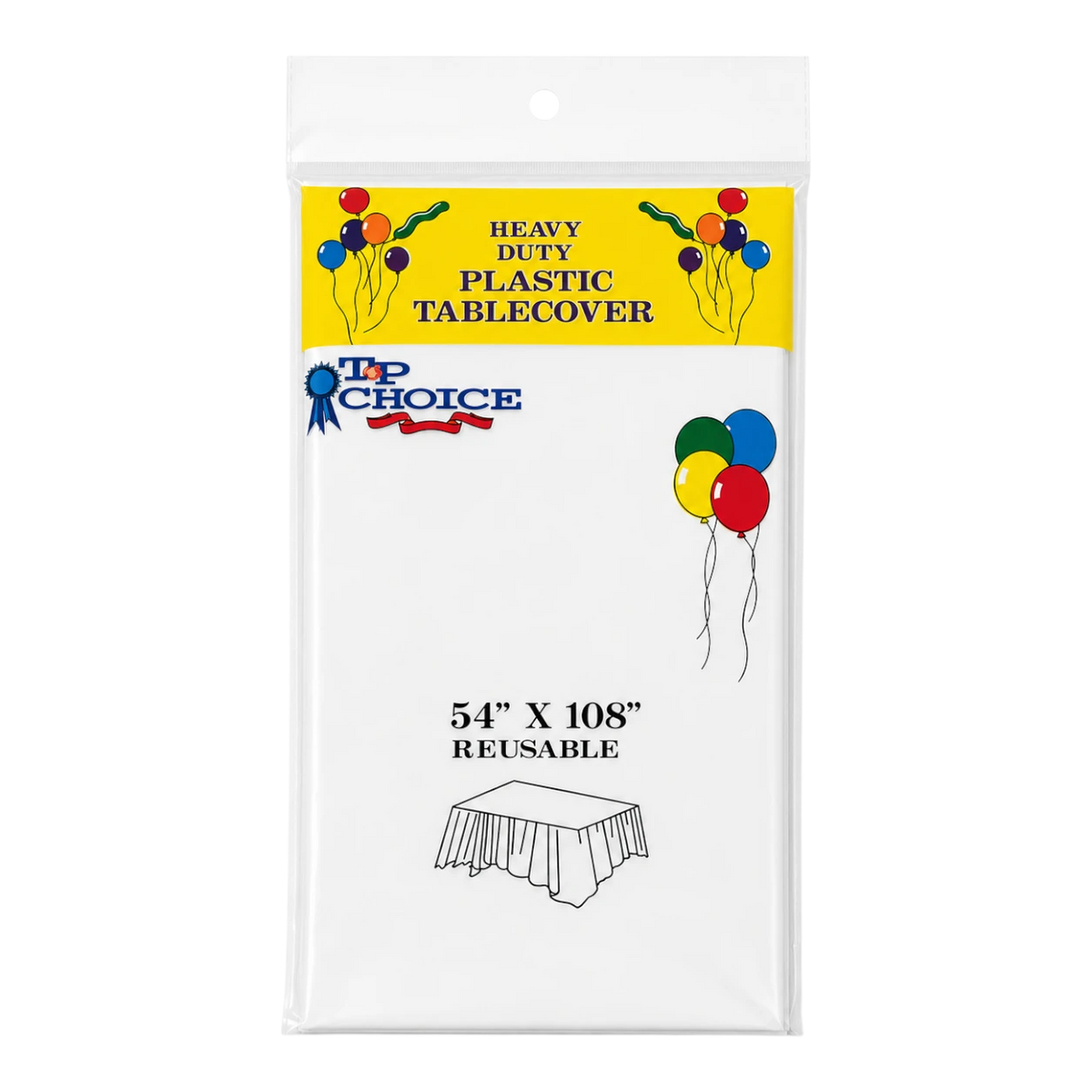 Dulceria 915 white plastic tablecloth in packaging, 54 by 108 inches, perfect for party table protection.