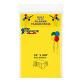 Dulceria 915 yellow plastic tablecloth in packaging, 54 by 108 inches, perfect for party table protection.
