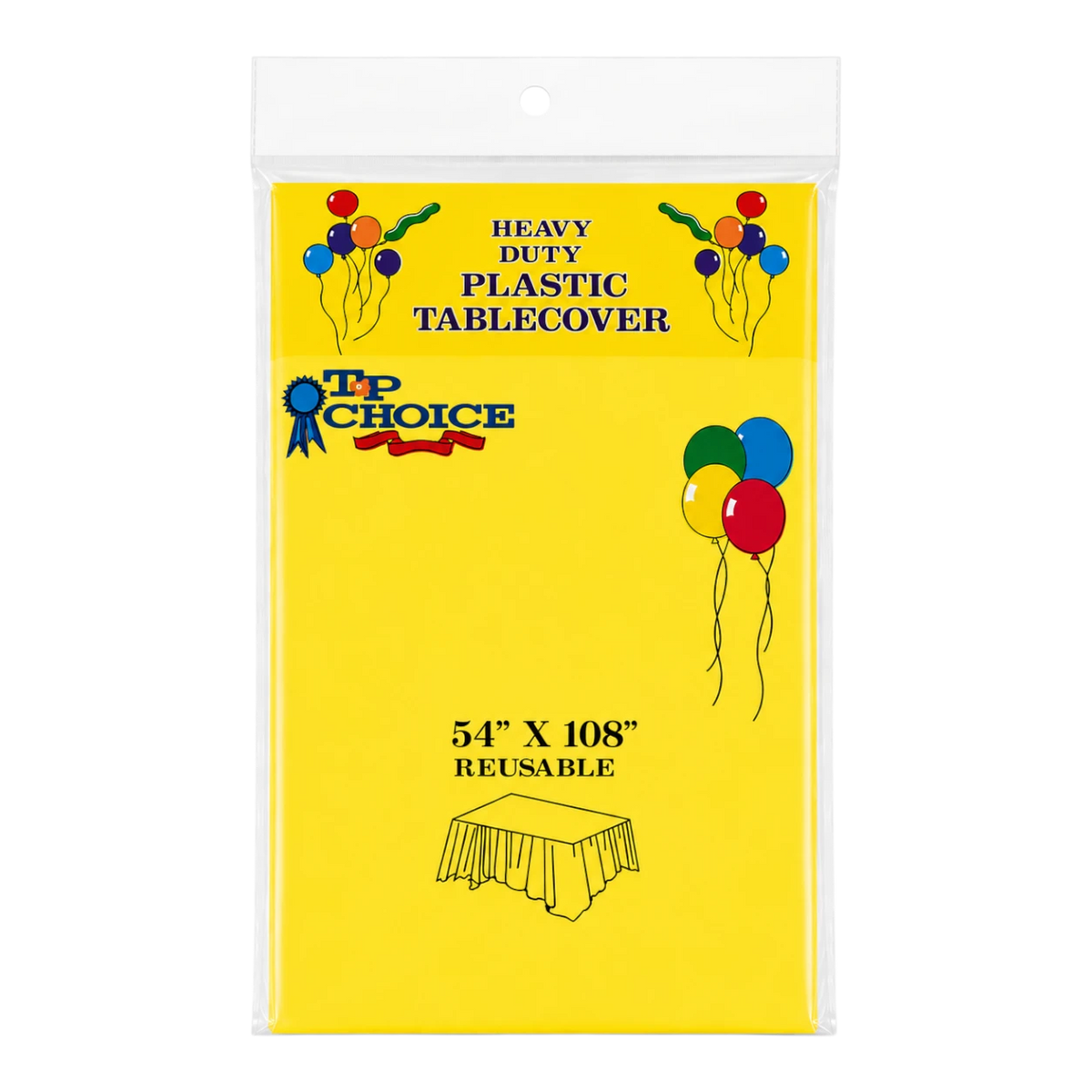 Dulceria 915 yellow plastic tablecloth in packaging, 54 by 108 inches, perfect for party table protection.