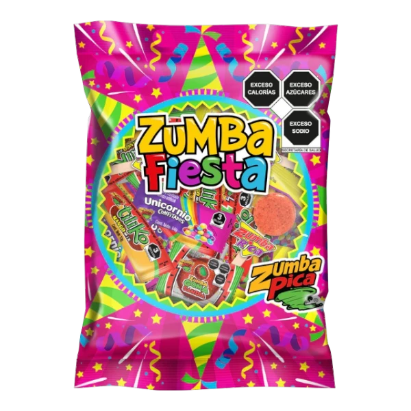Dulceria 915 Zumba Fiesta party candy mix featuring Tiliko Mango, watermelon, unicorn, and original flavors.