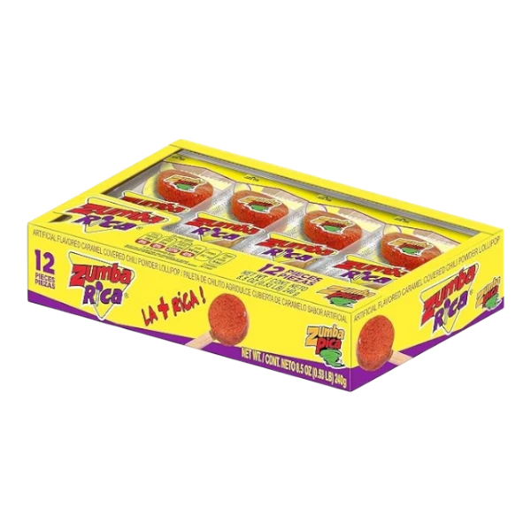 Dulceria 915 pack of 12 Zumba Rica artificial flavored caramel covered chili powder lollipops